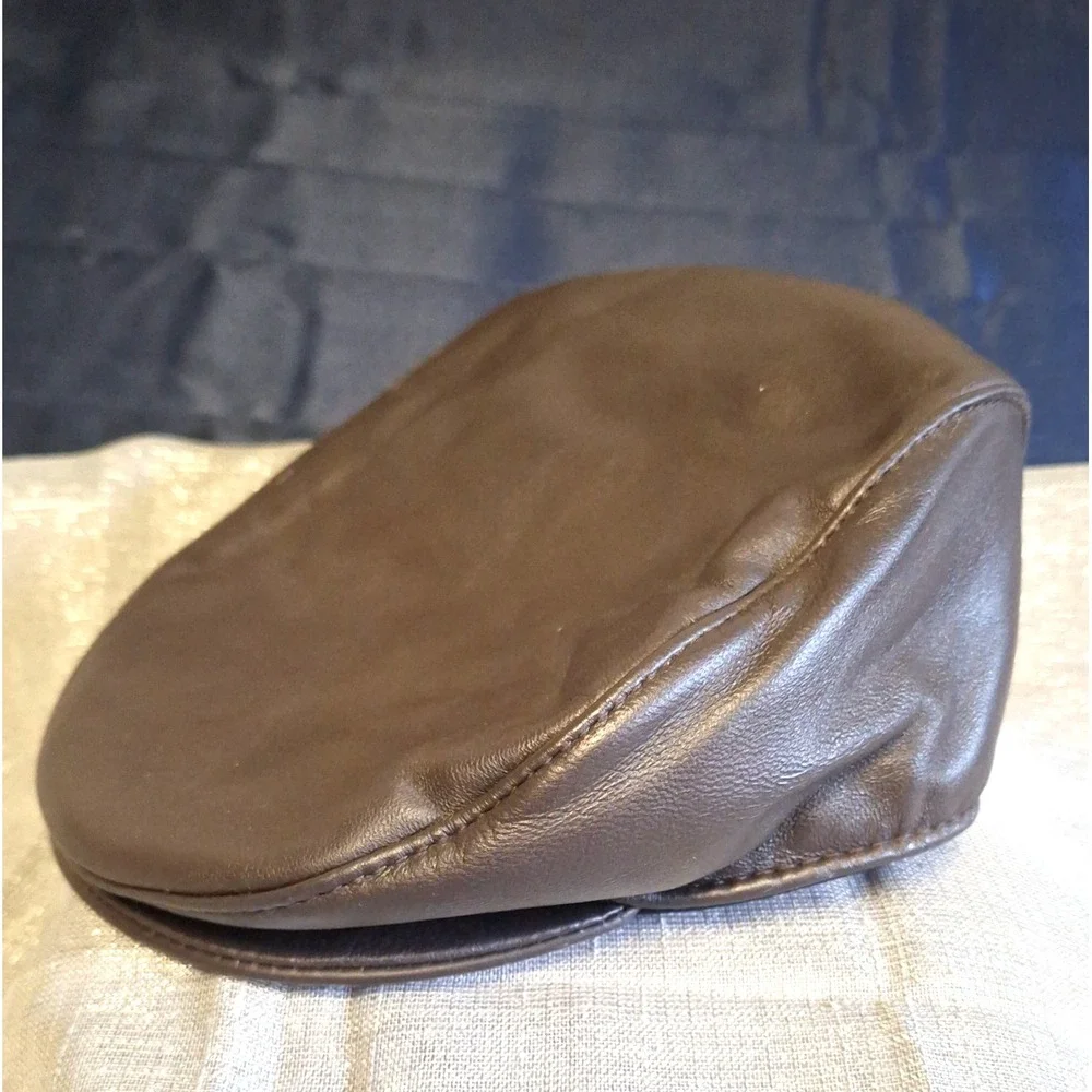 Vintage Newsboy Brown Leather Hat Cap Fitted L XL Peaky Flat Cap Cab Driver Mens